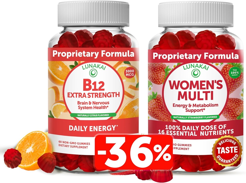 Lunakai Vitamin B12 og kvinders Multivitamin Gummies Bundle - Non-GMO & Vegan Supplement for Energy Support and Bone Health - 100% daglig værdi af 16 essentielle vitaminer og mineraler - 30 dages forsyning