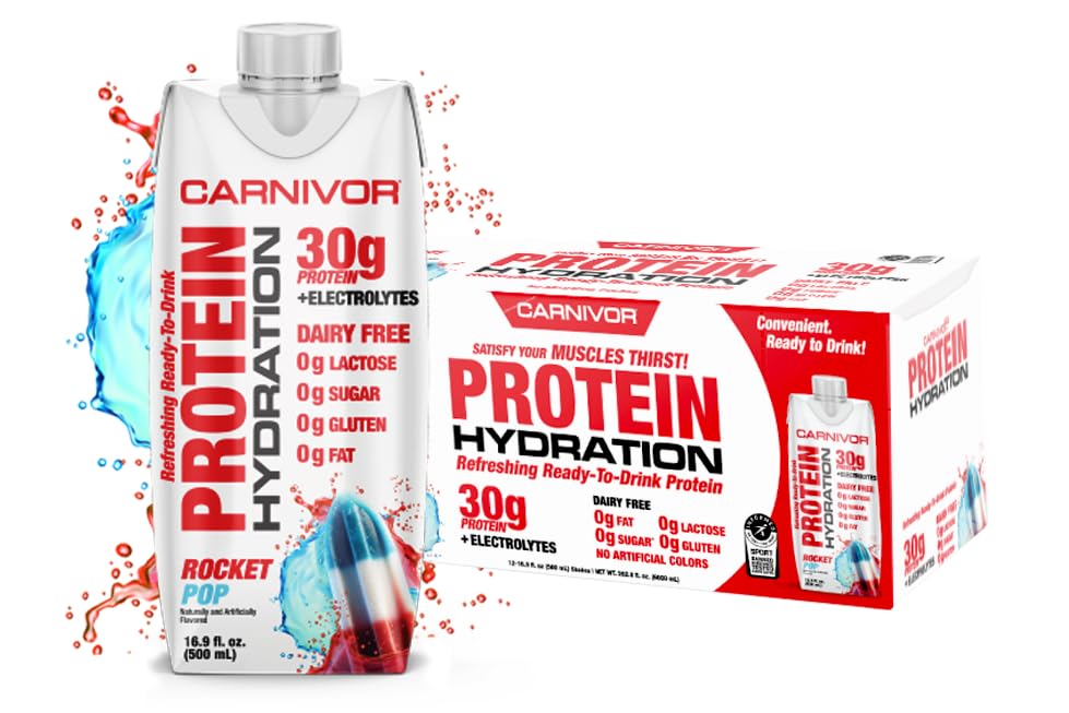 MuscleMeds Carnivor Protein Hydration RTD, Klar til at drikke, Lactose Free, Sugar Free, 30g Isolate Protein, Halal Certified, Rocket Pop, 16.9 Fl Oz (Pack of 12)