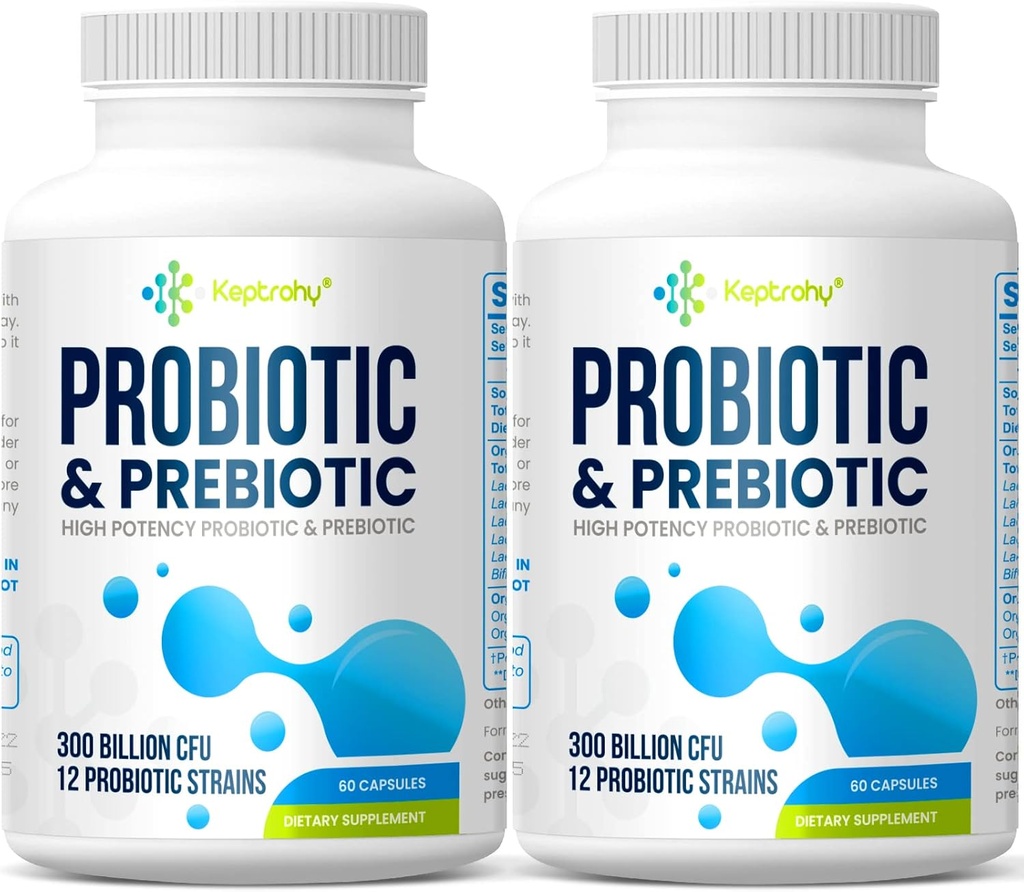 Probiotika til kvinder & mænd, 300 Millioner CFU Probiotika fra 12 Stammer + Organic Prebiotics Blend til daglig fordøjelse, immunforsvar, Gut, Bloating, Gut Sundhed for kvinder & mænd, Hylde Stable - 120 Kapsler
