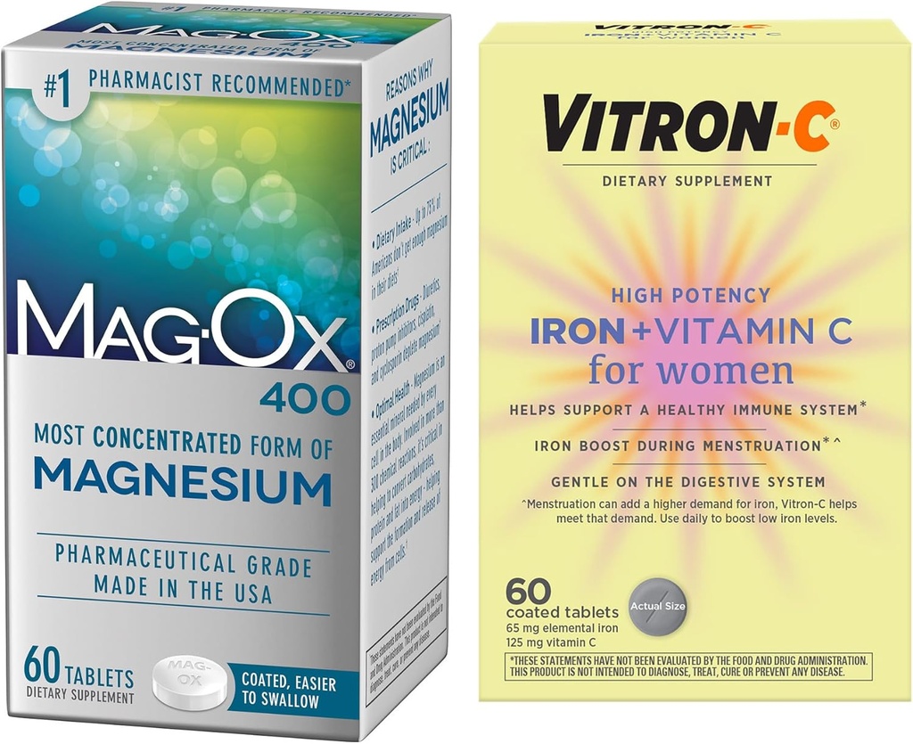 Vitron-C High Potency Iron Supplement, Immunt Support 60ct and Mag-Ox 400 Magnesium Mineral Supplement 60ct