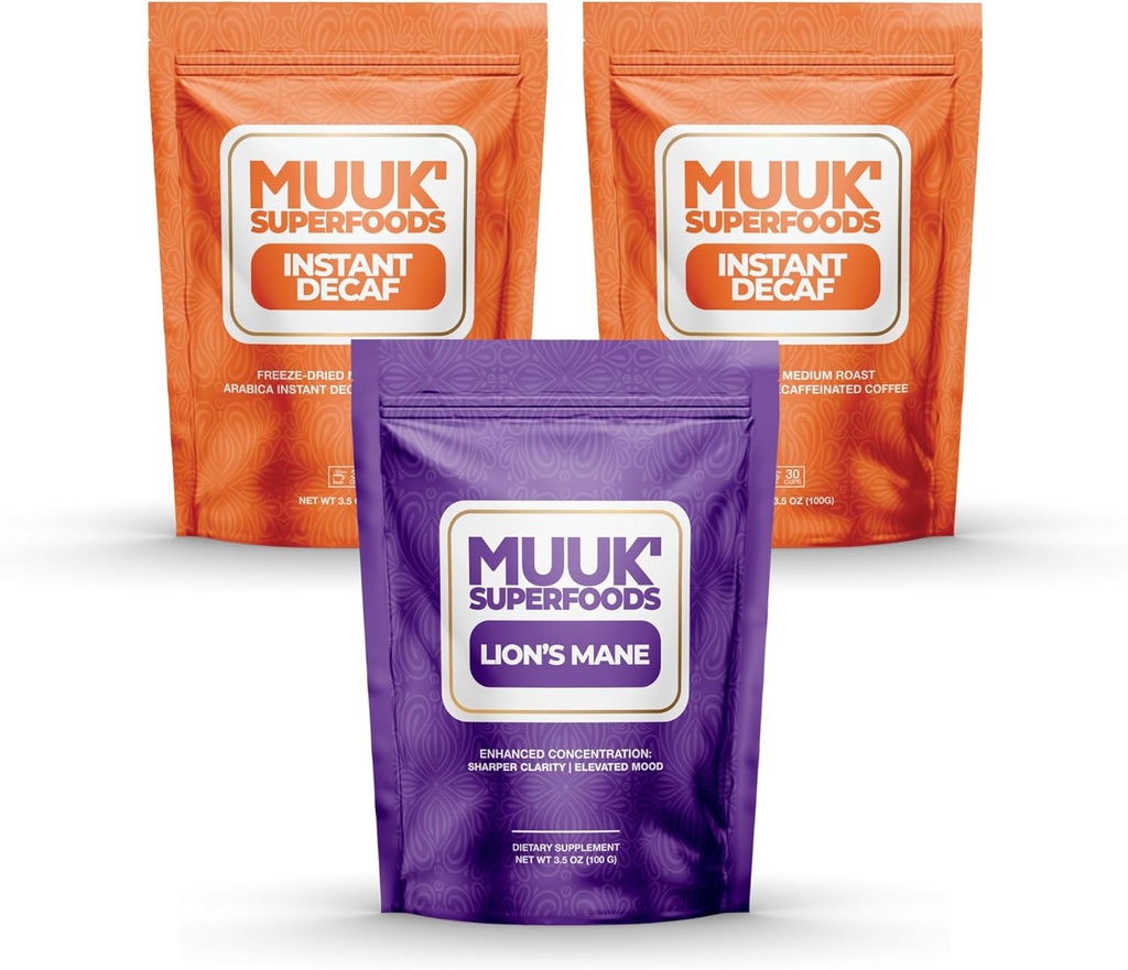 MUUK 'SUPERFOODS-124; Decaf Mushroom Coffee Bundle-124; 60 Serveringer af Lions Mane Mushroom Powder Plus 60 Cups af Decafeined Instant Coffee