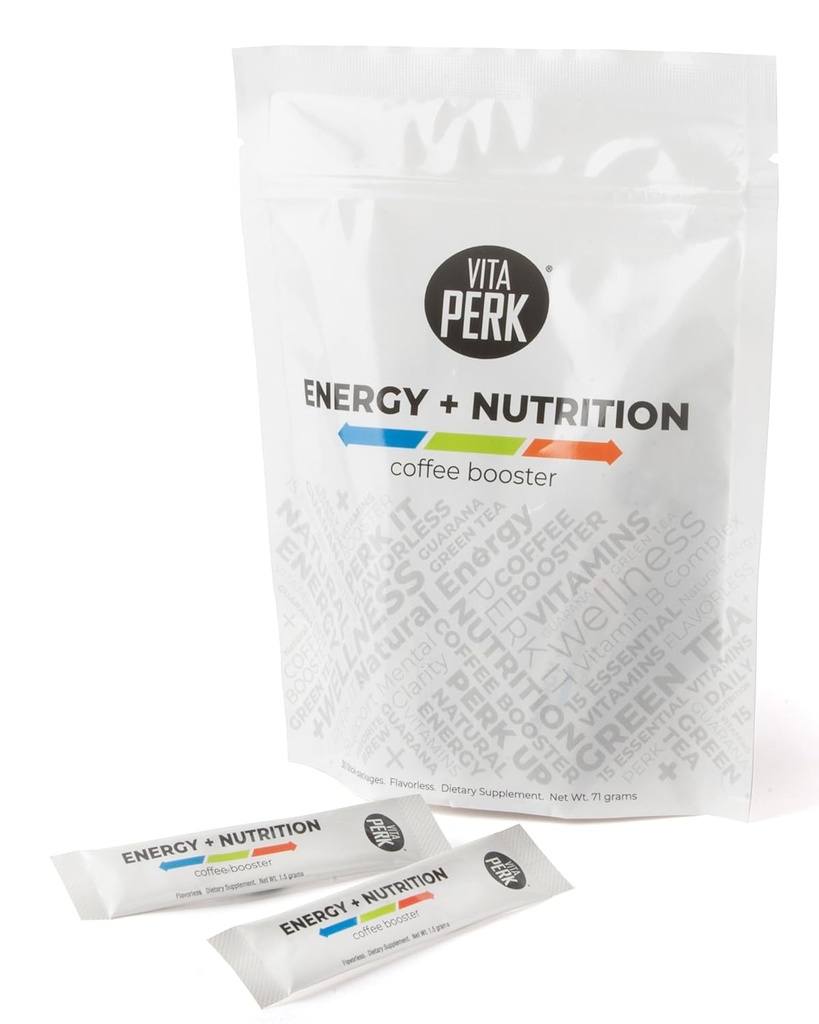 VitaPerk Flavorless Energy Drink Powder - Multivitamin Powder med 15 vitaminer og mineraler, Green Tea & Guarana til energistøtte, Forbedre din kaffe, te, smoothies & mere - 0.05oz, 30 Stick Packs