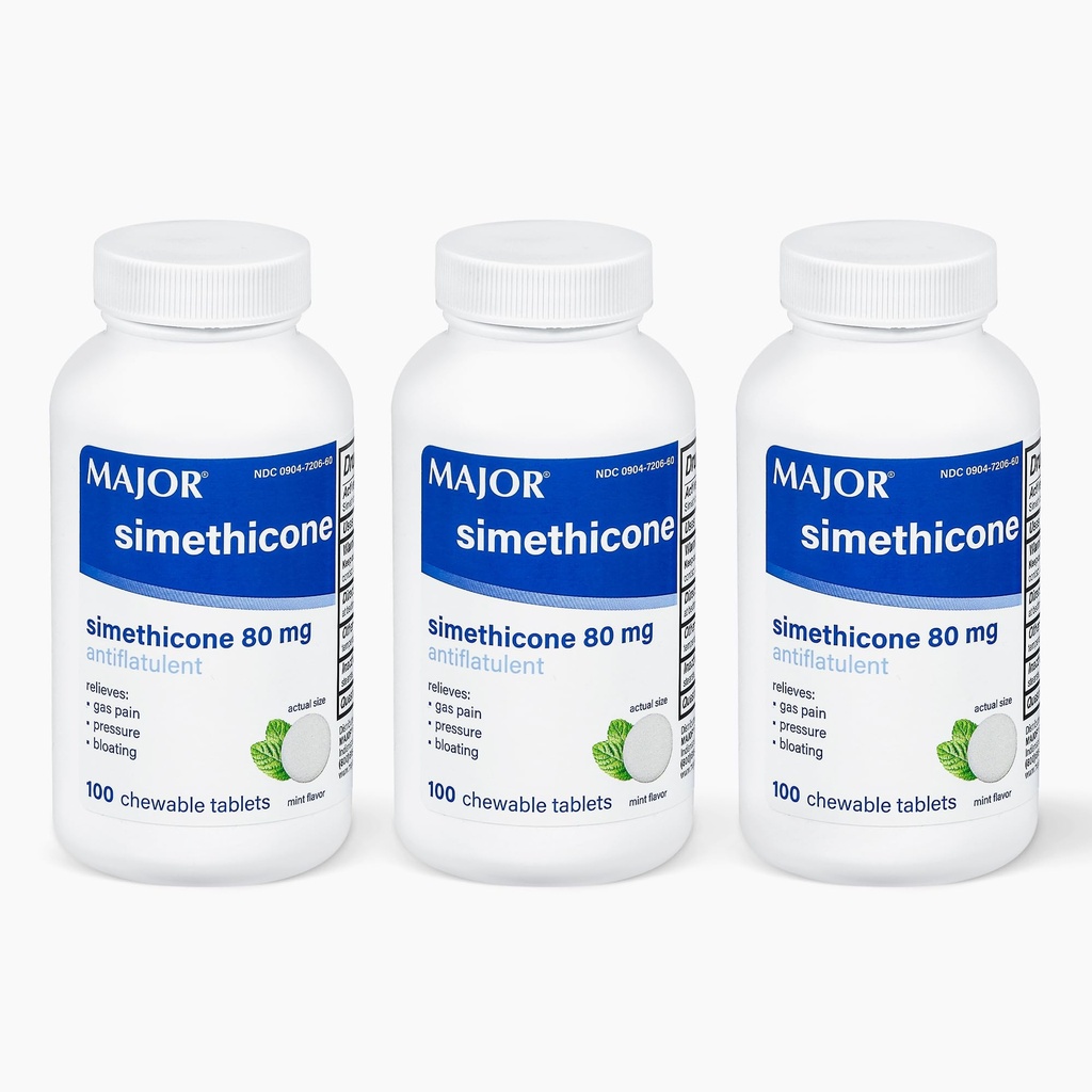 MAJOR Simeticone Gas Relief 80 mg - Anti Flatulence, Bloating and Gas Pressure Aid - 100 tyggetabletter (3 Pack)