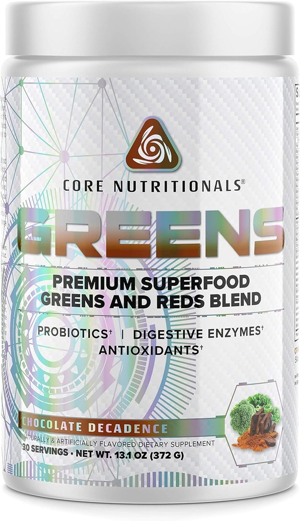 Core Nutritionals Greens - 124; Premium - superfood - røde & grønne blend - 124; 5 Millioner CFU - probiotika, fordøjelsesenzymer, & antioxidanter - 124; 30 Serveringer (Chocolate Decadence)