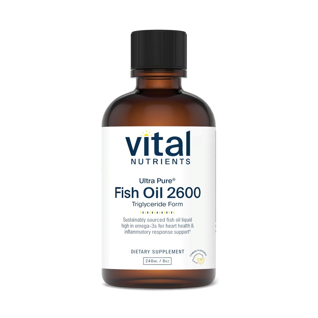 Vital Nutrients - Ultra Pure Fish Oil 2600 (Pharmaceutical Grade) - Hi- Potency Deep Sea Liquid Fish Oil, Cardiovaskulær Support, Natural Lemon Flavor - 8 Fl Oz per flaske