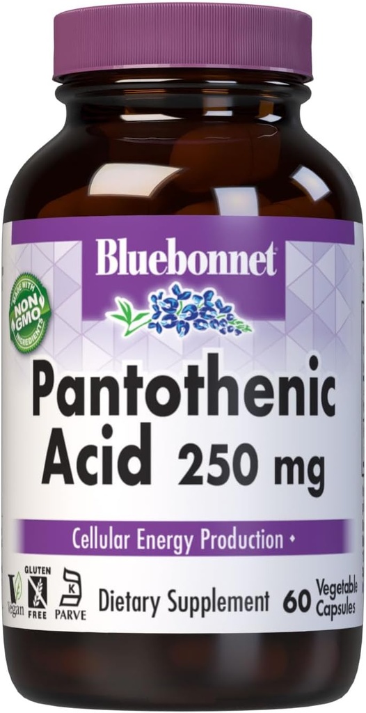 BlueBonnet Nutrition Pantothensyre 250 mg daglig vitamin B5 supplement til cellulær energi til kvinder & mænd - Vegan, Glutenfri, ikke-GMO - 60 vegetabilske kapsler