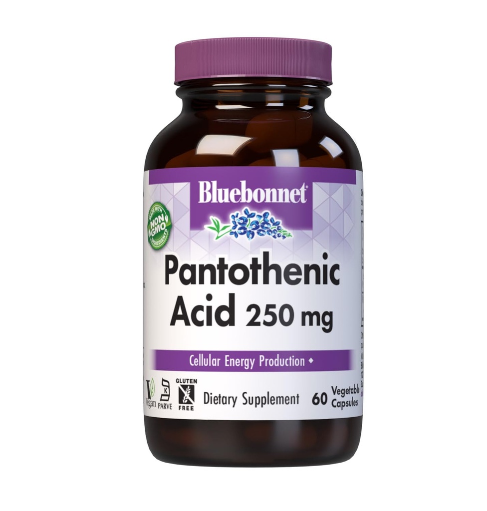 BlueBonnet Nutrition Pantothensyre 250 mg daglig vitamin B5 supplement til cellulær energi til kvinder & mænd - Vegan, Glutenfri, ikke-GMO - 60 vegetabilske kapsler