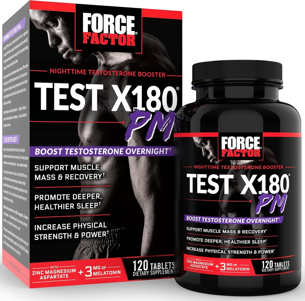 Force Factor Test X180 PM Testosterone Booster for Men, Overnight Testosterone Supplement to Build Muscle, Increase Strength, and Promote Deeper, Healthier Sleep and Recovery, 120 Tablets