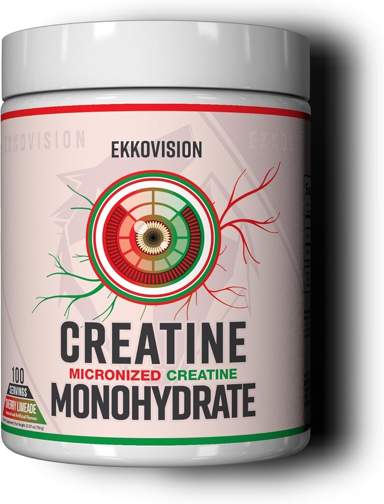 Ekkovision Creatin monohydrat pulver, mikroniseret, Cherry Limeade, Pre Workout & Post Workout supplement til mænd og kvinder, energistøtte, Let at blande i shakes, Smoothies & drikkevarer, 100 Servere