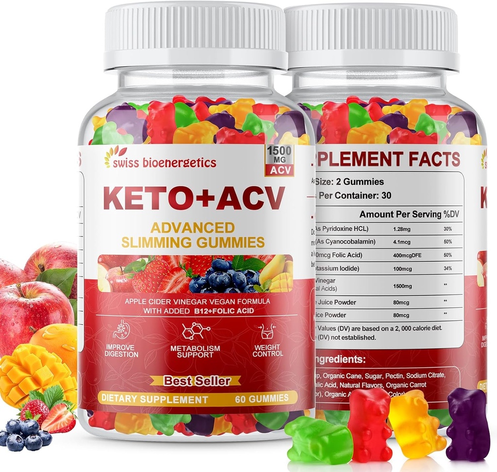 Keto Apple Cider Vincious Gummies, Keto ACV Gummy Diet Supplement, Advanced 1500mg ACV Gummies med Folate, B12 B6 og Keto Support til kvinder Mænd, Gelatin- fri, Vegan & Non- GMO (Multi- Flavor)