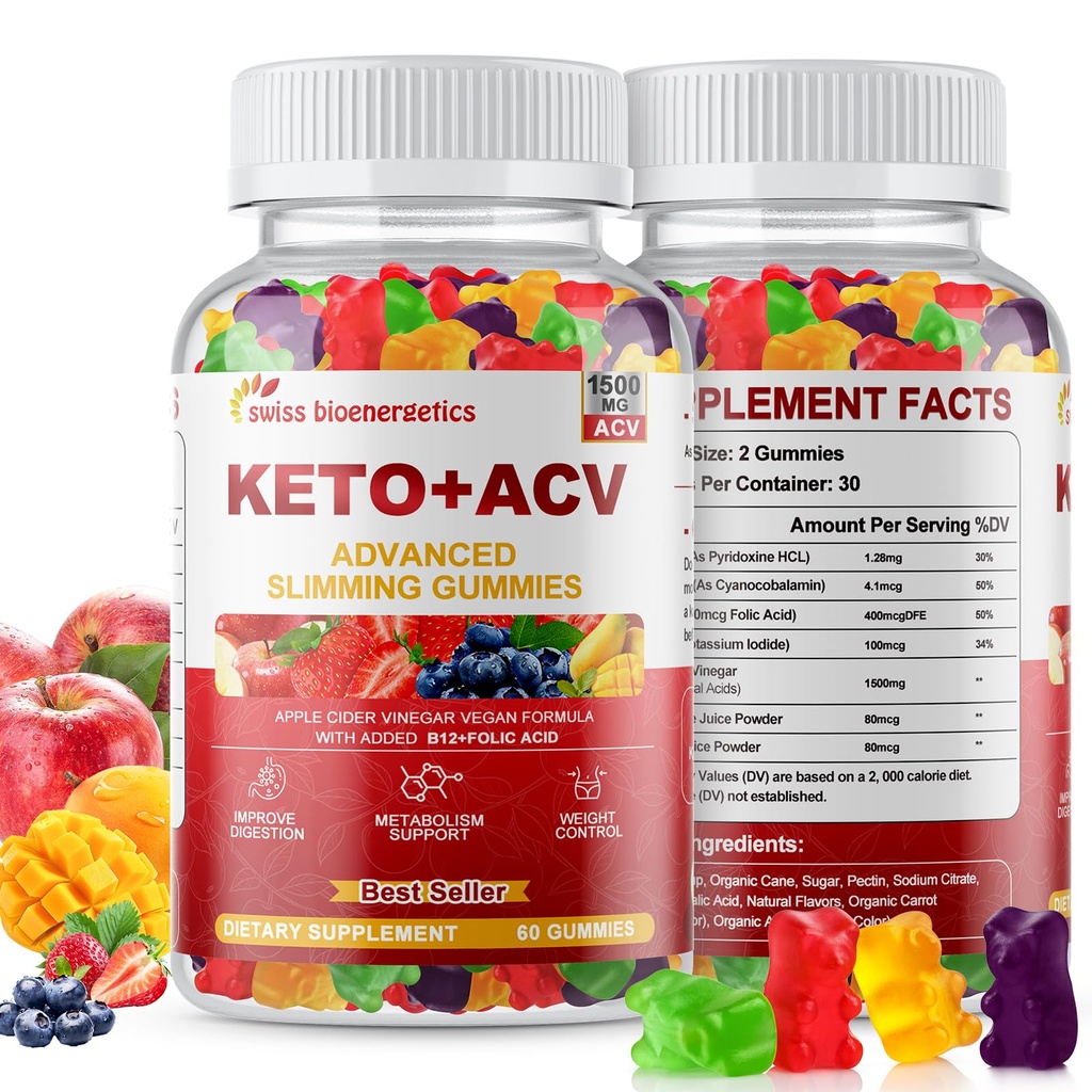 Keto Apple Cider Vincious Gummies, Keto ACV Gummy Diet Supplement, Advanced 1500mg ACV Gummies med Folate, B12 B6 og Keto Support til kvinder Mænd, Gelatin- fri, Vegan & Non- GMO (Multi- Flavor)