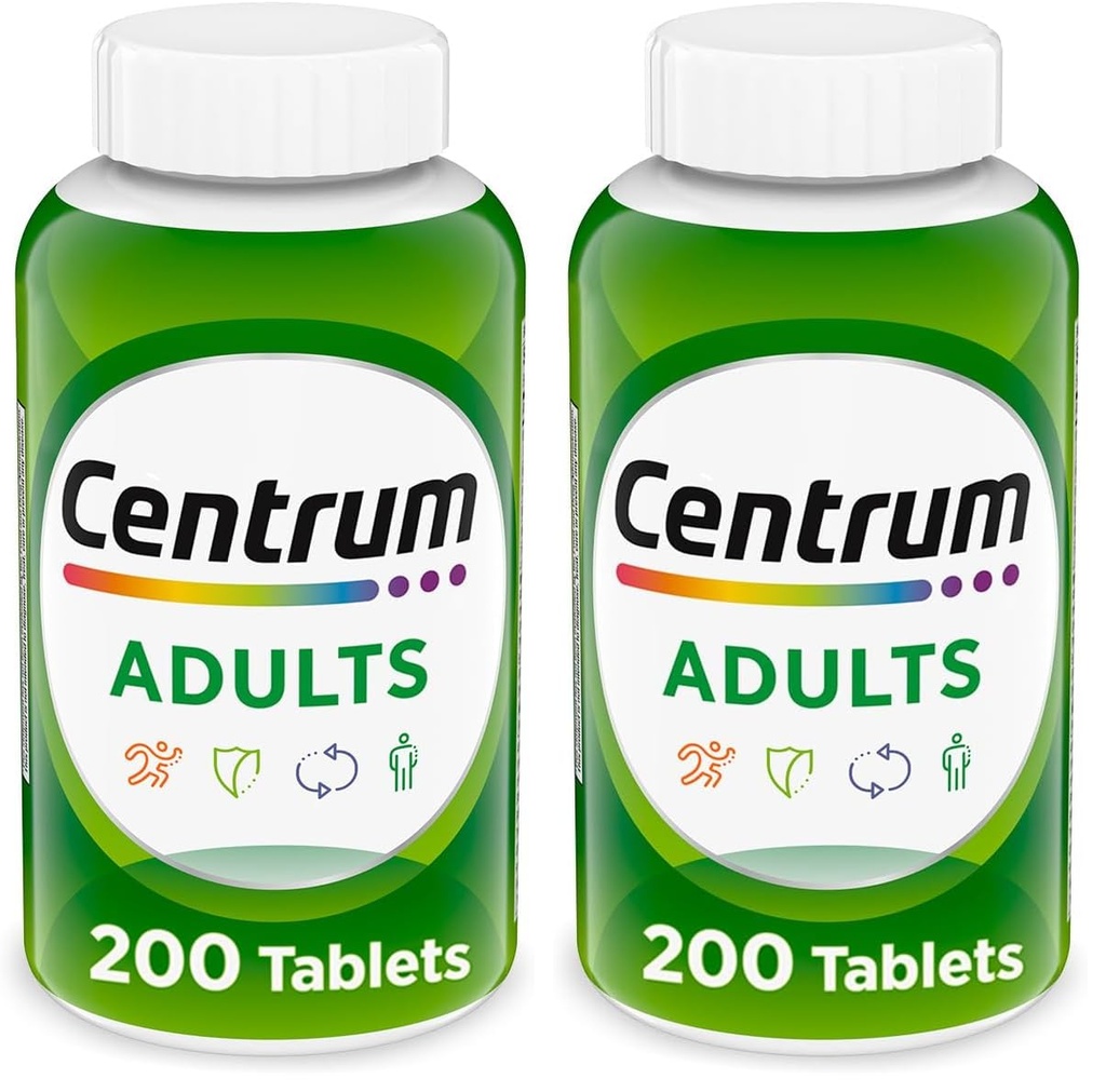 Centrum Voksen Multivitamin / Multimineral Supplement med antioxidanter, zink, vitamin D3 og B Vitamin, Gluten Free, Non- GMO Ingredienser - 200 Greve (pakke med 2)