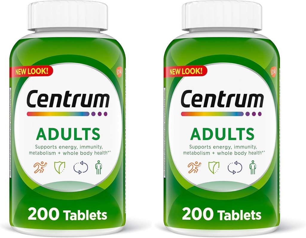 Centrum Voksen Multivitamin / Multimineral Supplement med antioxidanter, zink, vitamin D3 og B Vitamin, Gluten Free, Non- GMO Ingredienser - 200 Greve (pakke med 2)