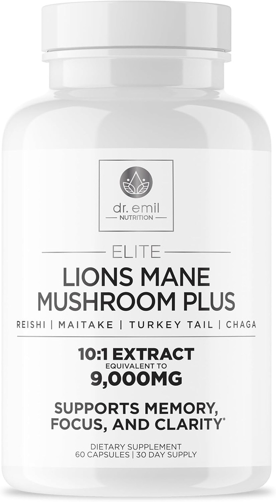 DR. EMIL NUTRITION 9000mg Organic Lions Mane Supplement Capsules with Chaga, Reishi & Maitake - Natural Mushroom Blend for Wellness Support