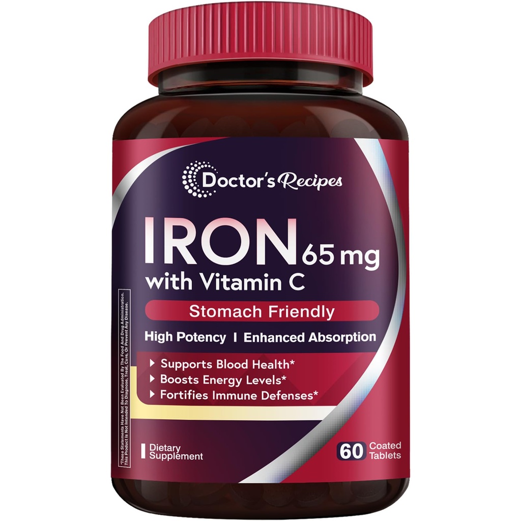 Doctor 's Opskrifter Jern Supplement 65 mg med C-vitamin - Maximized Absorption, Mave Friendly & High Potency Iron Pills for Red Blood Cells Dannelse & Immunity Health - Vegansk non-GMO 60 jerntabletter