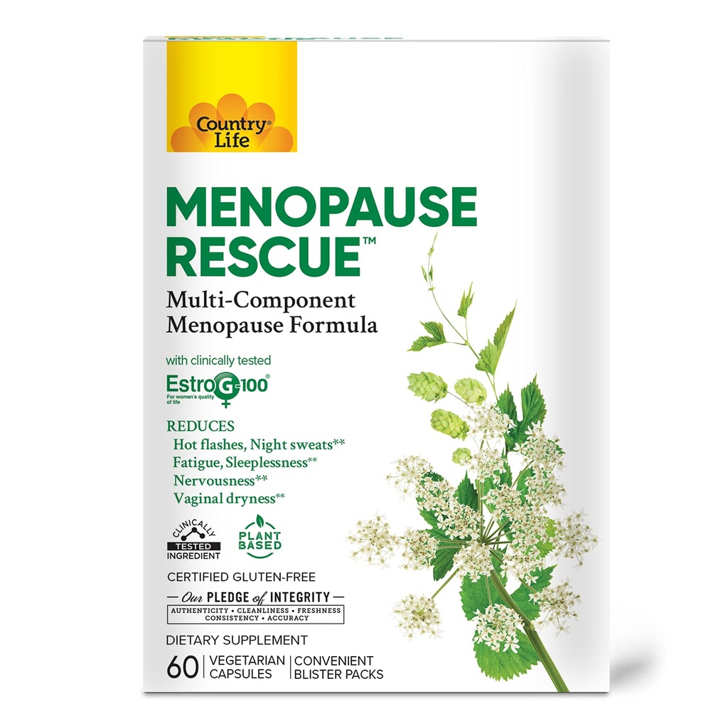 Country Life Menopause Rescue - Multi- Component Menopause Formel - Praktisk Blister pakker - Plantebaseret - Giver komplet pleje af større menopausale symptomer- 60 Vegetariske kapsler