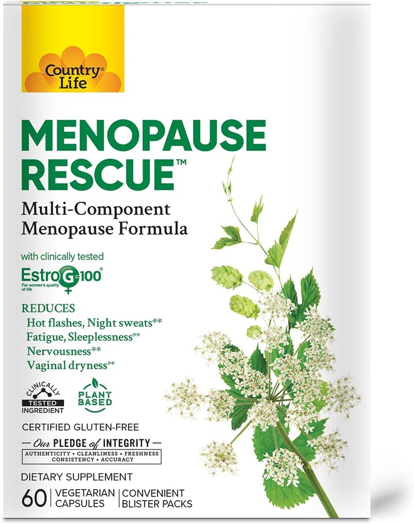 Country Life Menopause Rescue - Multi- Component Menopause Formel - Praktisk Blister pakker - Plantebaseret - Giver komplet pleje af større menopausale symptomer- 60 Vegetariske kapsler