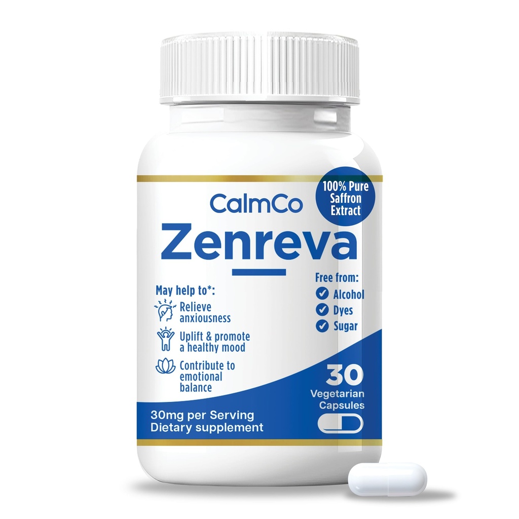 CalmCo Zenreva, Pure Safran Extract Kapsler - Boost Mood, Forbedre fokus, Reducer angst, Support Følelsesmæssig Balance & Sleep, Metabolisme Booster, Non- GMO Vegan Kapsler, 30 Tæl