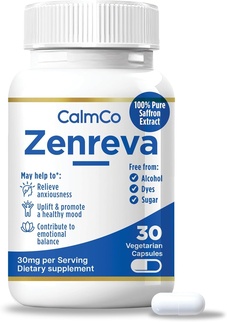 CalmCo Zenreva, Pure Safran Extract Kapsler - Boost Mood, Forbedre fokus, Reducer angst, Support Følelsesmæssig Balance & Sleep, Metabolisme Booster, Non- GMO Vegan Kapsler, 30 Tæl