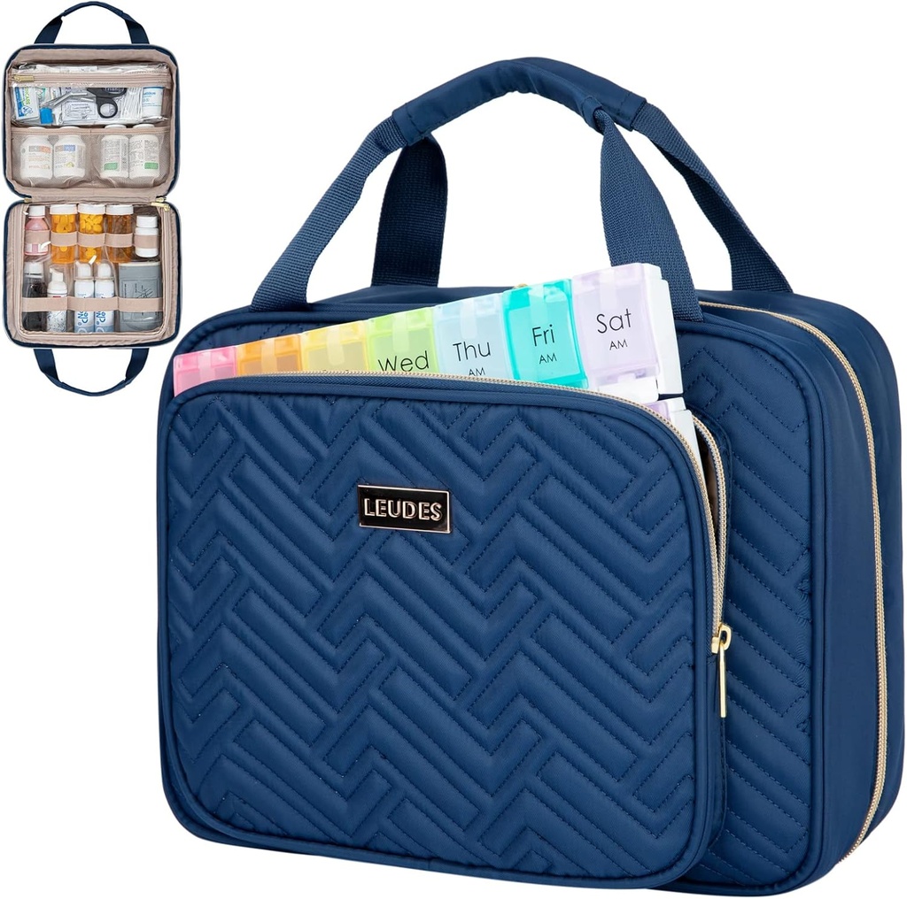 Leudes Travel Pill Flaske Organizer, Medicin Organizer og Opbevaring, Home Medication Bag, Cases, Carrier til piller, Vitamin, Fish Oil, Kosttilskud til kvinder og mænd (stor, blå)