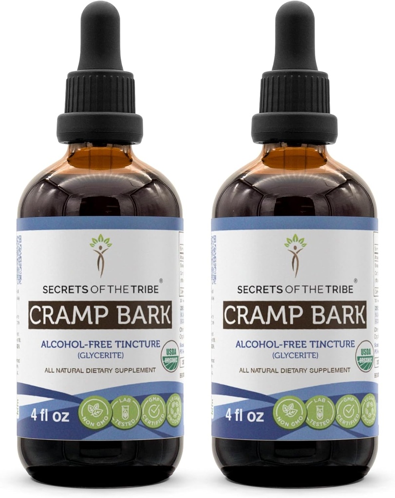 Secrets of the Tribe Cramp Bark USDA Organic Measures 124; Alkohol- Free Extract, High- Potency Herbal Drops Measures 124; Lavet af 100% Certified Organic Cramp Bark (Viburnum Opulus) Tørret Bark (2x4 FL Oz)