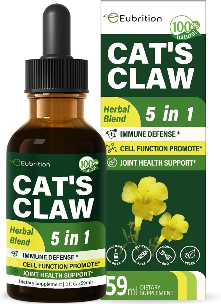 Cat 's Claw herb (Uña de Gato) immunforsvar flydende dråber, 5-in-1 Herbal supplement med Echinacea & Elderberry Extract, Alkohol fri tinktur for Immunity Boost, Joint & Bone Sundhed. 2 oz