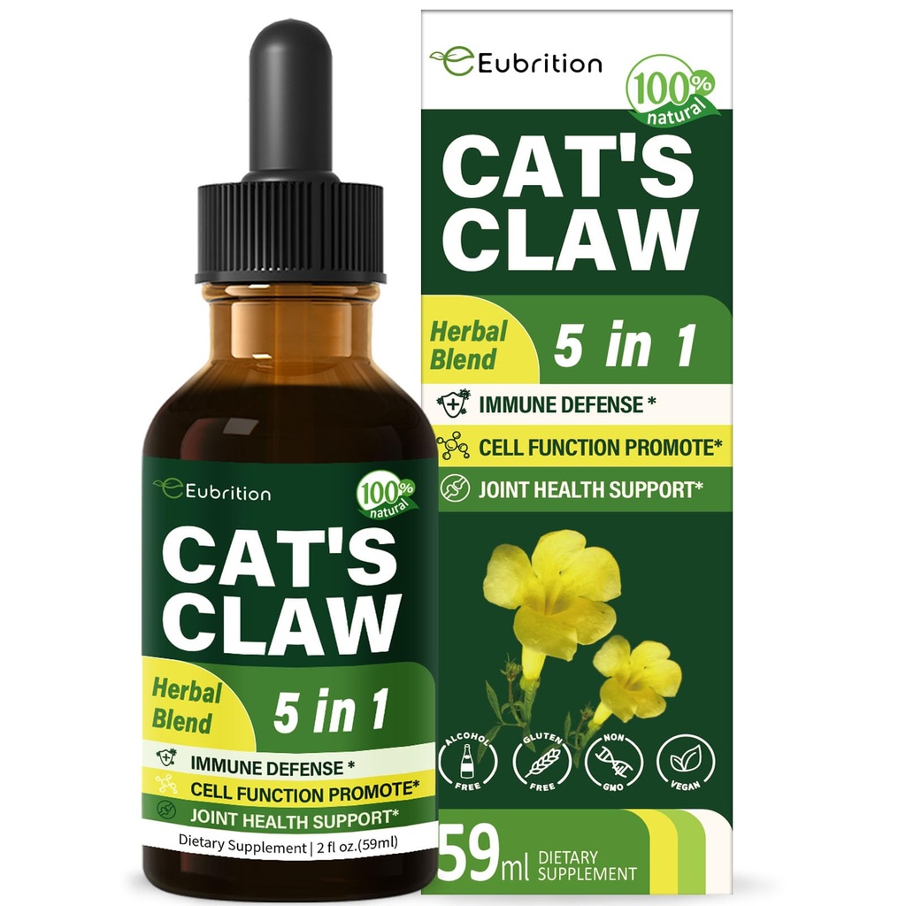 Cat's Claw herb (Uña de Gato) Immune Support Liquid Drops, 5-in-1 Herbal Supplement with Echinacea & Elderberry Extract, Alcohol Free Tincture for Immunity Boost, Joint & Bone Health. 2 oz