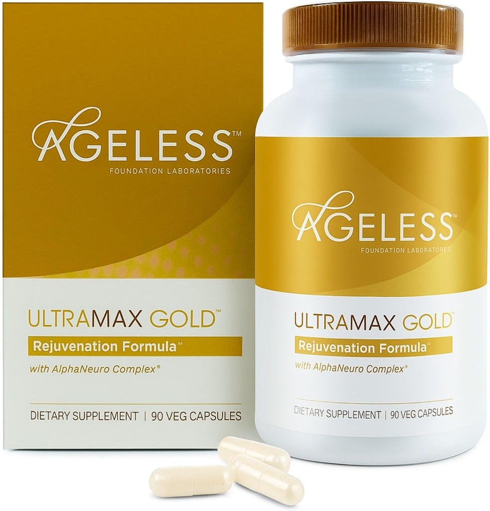 AGELESS ™: UltraMAX Gold ™ kapsler, HGH Anti- Aging supplement til kvinder, sænker cellular aging, understøtter immunsundhed, Smoother Skin Tone og genoprettende søvn, vægthåndtering, 90 kapsler