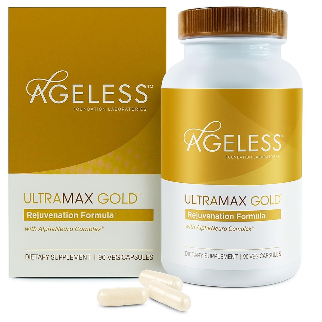 AGELESS ™: UltraMAX Gold ™ kapsler, HGH Anti- Aging supplement til kvinder, sænker cellular aging, understøtter immunsundhed, Smoother Skin Tone og genoprettende søvn, vægthåndtering, 90 kapsler