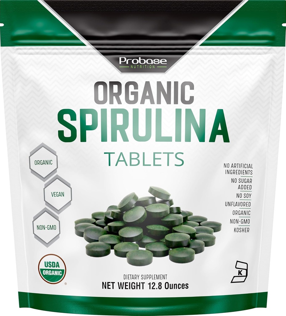 Probase Nutrition, Organic Spirulina Tablets, Premium Spirulina Supplement, Rig i Prebiotika, Protein & Antioxidants