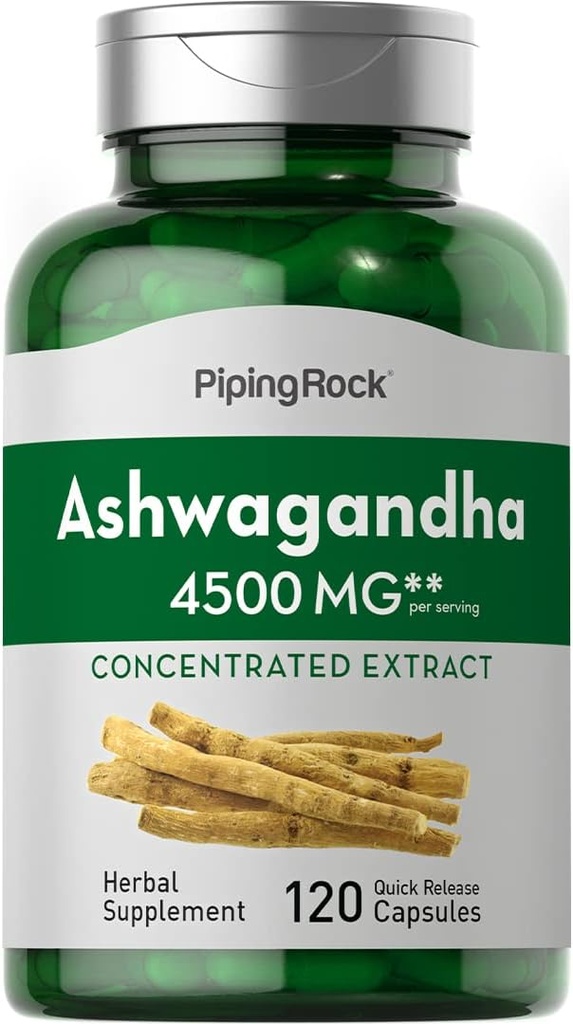 Piping Rock Ashwagandha Supplement D4; 4500mg D124; 120 Kapsler D124; for kvinder og mænd D124; Herb Root Extract D124; med sort peber D124; Non- GMO, Gluten Free