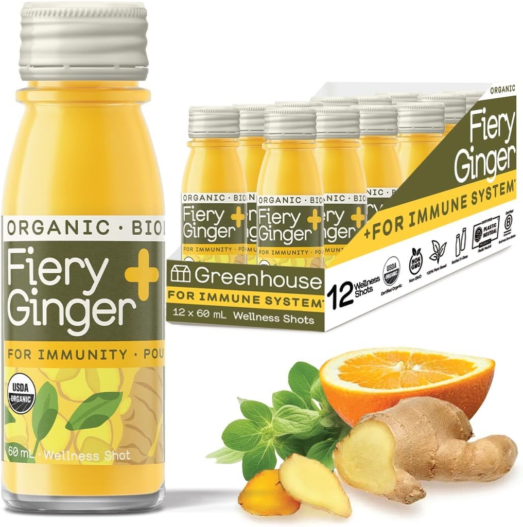 Drivhus Juice Organic Fiery Ginger Wellness Skud 12- Grev 60ml glasflasker, Vegan & Gluten- Free