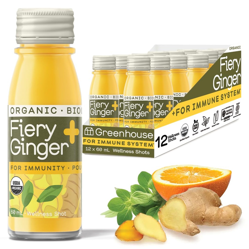 Drivhus Juice Organic Fiery Ginger Wellness Skud 12- Grev 60ml glasflasker, Vegan & Gluten- Free