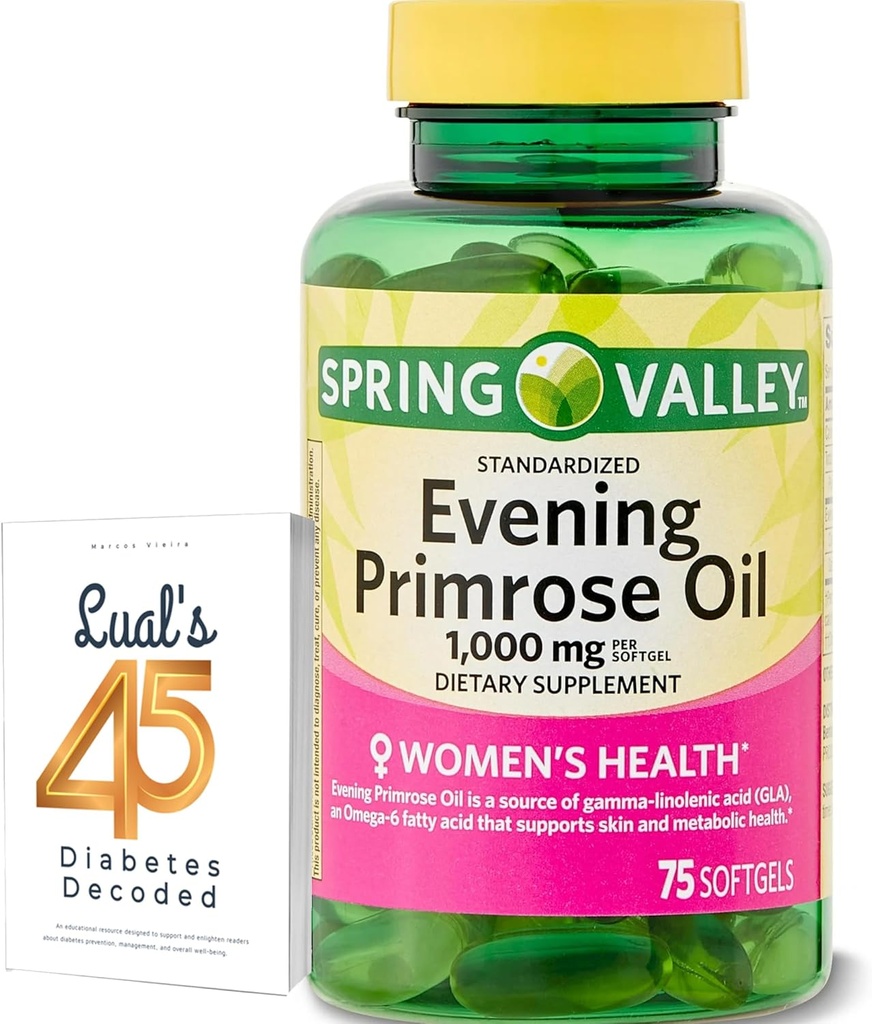 Spring Valley Evening Primrose Oil Kvinders sundhed Kosttilskud Softgels, 1000 mg, 75 Greve, Softgels, Evening Primrose Oil Kapsler 1000mg Bundle med LualL 's 45 Diabetes Decoded