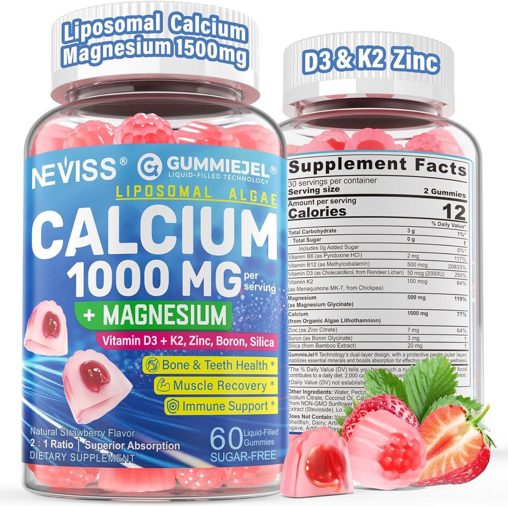 Calciumtilskud til kvinder, Mænd - Liposomal Calcium 1000mg med vitamin D3 K2, Magnesium Glycinat, Zink, Boron, Silica for ben sundhed - Sukker Gratis Calcium Magnesium Zinkgummier, Vegan, 60 Greve