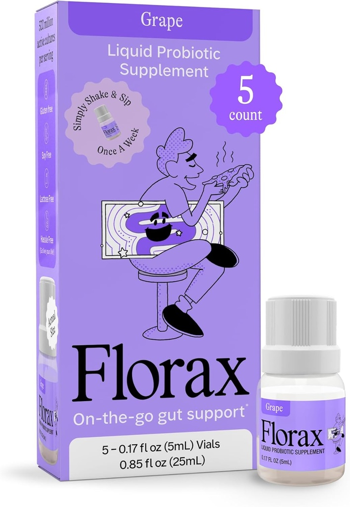 Florax - Liquid Probiotic - On- The- go Gut Support til kvinder, mænd og børn - Vegan, Gluten Free, Lactose Free, Soy Free og Preservate Free - Grape Flavor - 5 hætteglas