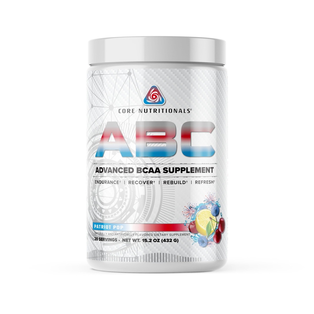 Core Nutritionals ABC Advanced BCAA Supplement Note 124; Amino Acid Recovery Blend Note 124; med Glutamin, Beta Alanine, Citrullin Malate Budding 124; 20 Serveringer (Patriot Pop)