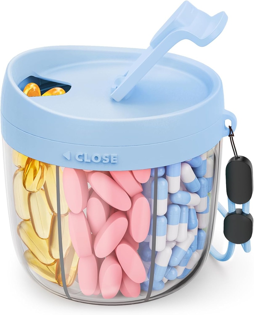Cute Pill Dispenser med 7 store komponenter, Portable Pill Flaske Organizer med bred åbning for nem brug, Anti- Mix Pill Organizer til rejser, BPA- Free Pill Container, Blå