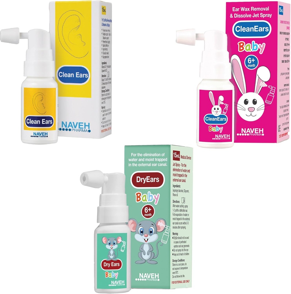 NAVEH PHARMA CleanEars 0. 5 Fl Oz + NAVEH PHARMA Dry- Ears Baby 0. 5 FL OZ + NAVEH PHARMA Otic Guard Baby 0. 5 Fl Oz