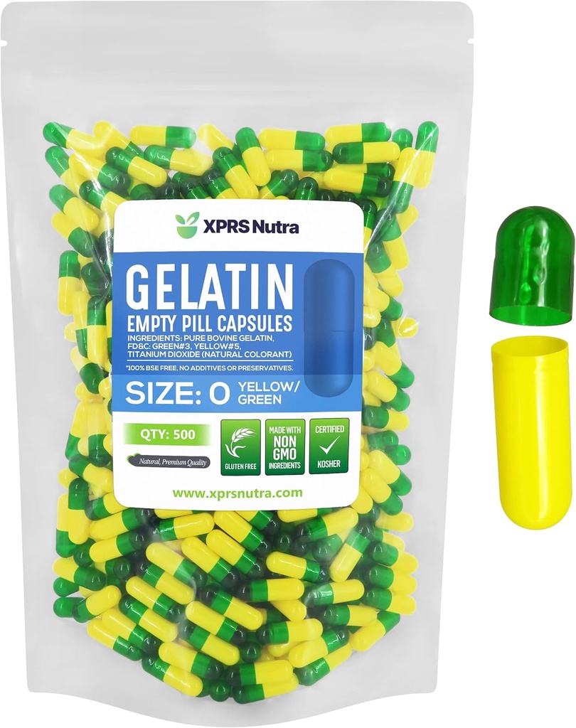 XPRS Nutra Størrelse 0 Tomme kapsler - 500 Tomme Gelatine kapsler - Piller til det selv Capsule Fyldning - Pure Bovin Pille Gel Caps til Do- It- Yourself Kosttilskud (grøn / gul)