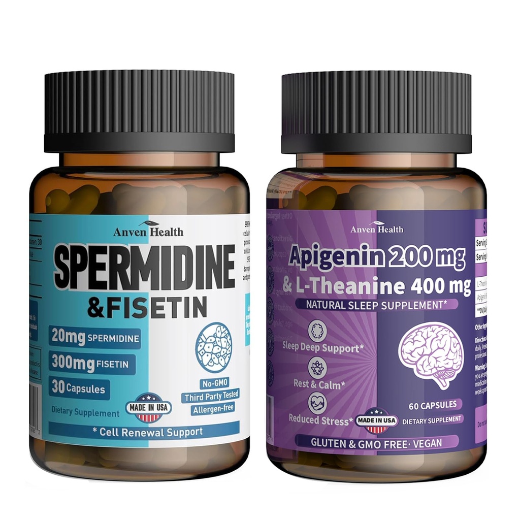Apigenin 200mg med L- Theanine 400mg + Spermidin 20mg & Fisetin 300mg - Ultimate Relaxation, Longevity & Aging Defense Bundle