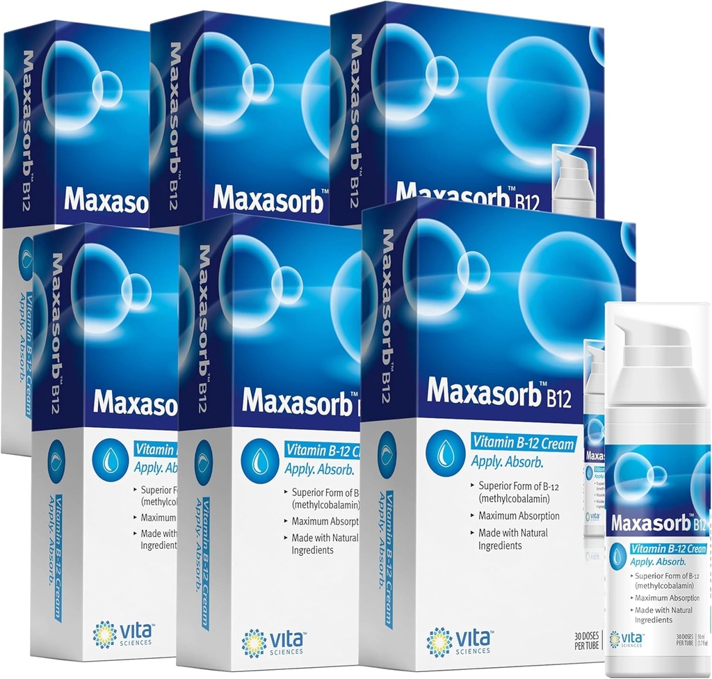 Vita Sciences Maxasorb B12 Vitamin B- 12 Cream 1000 mcg: Kraftfuld tematisk methylcobalamin til energi, sundhed og glødende hud - pakke med 6