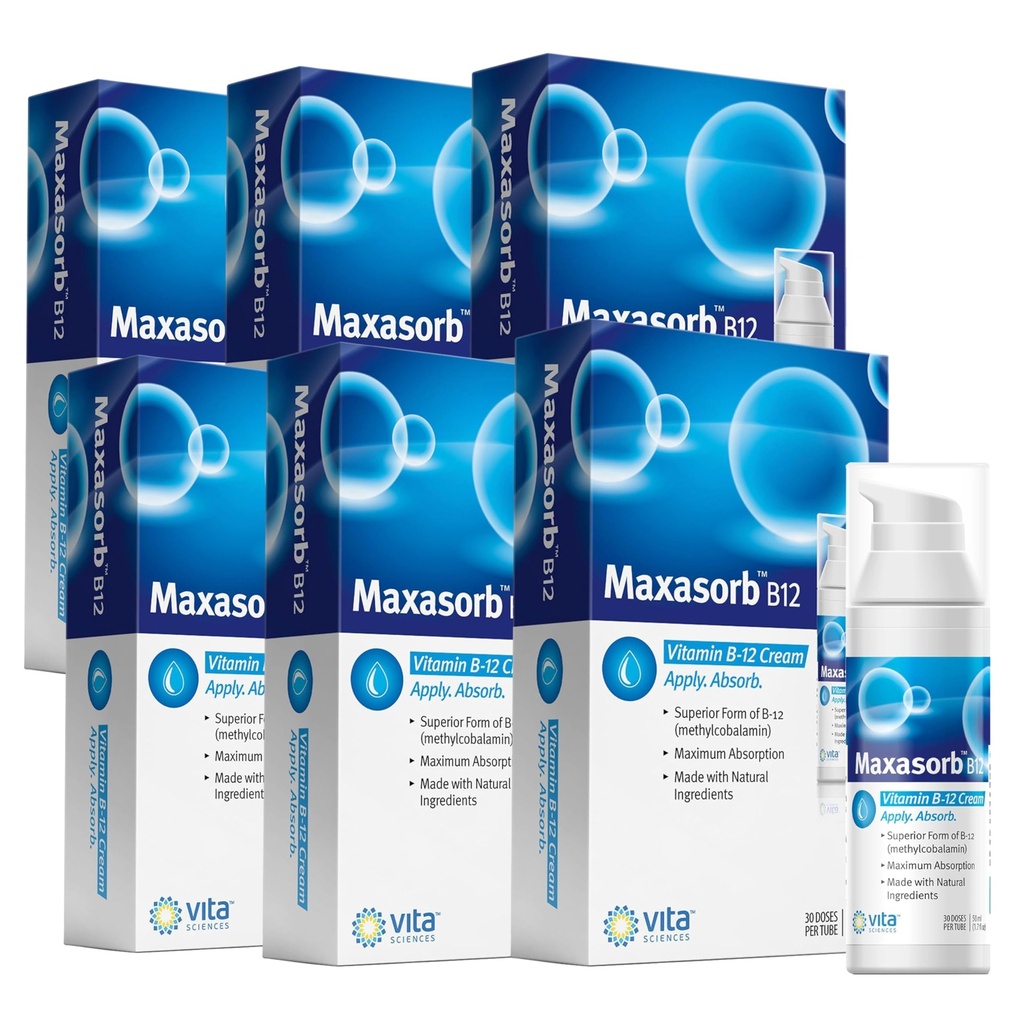 Vita Sciences Maxasorb B12 Vitamin B- 12 Cream 1000 mcg: Kraftfuld tematisk methylcobalamin til energi, sundhed og glødende hud - pakke med 6