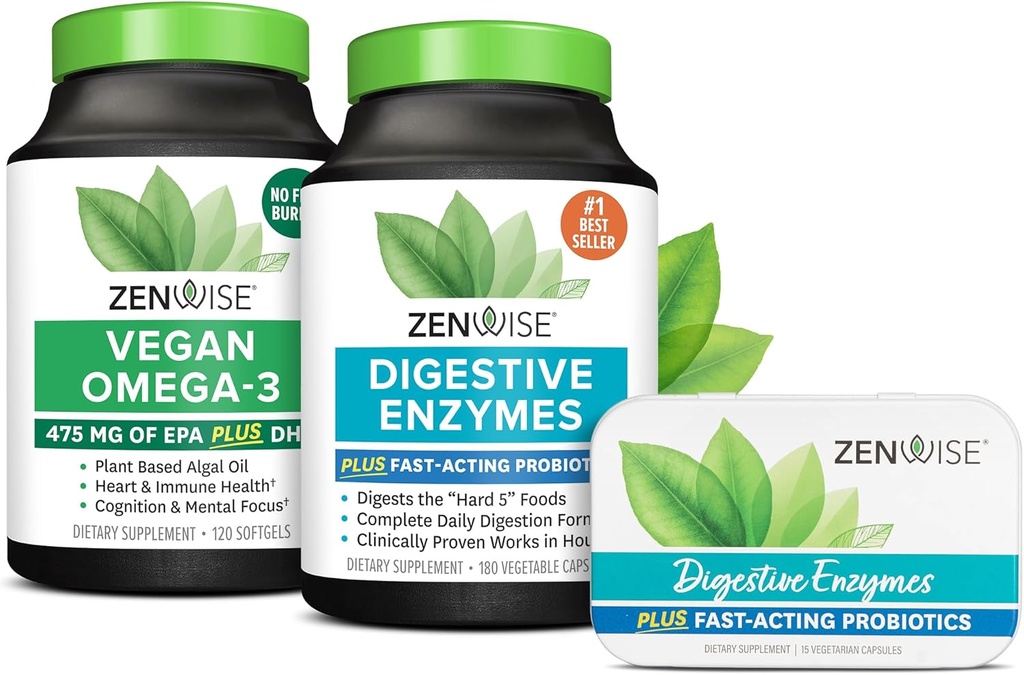 Zenwise Health fordøjelsesfremmende enzymer Vegan Omega og gratis rejse Tin