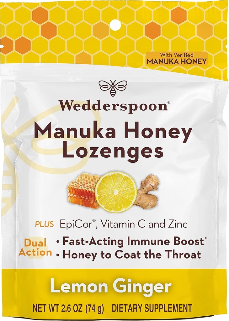Wedderspoon Manuka Honey Immunity Lozenges, Lemon Ginger, 2.6 Oz (pakke af 1), Ægte New Zealand Honey, Boost Immunitet inden for to timer