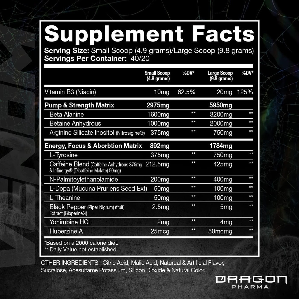 DRAGON PHARMA Venom Extreme Potency Pre- workout, Laser Sharp Focus + Energy, Intense Performance, Proven Ingredienser til forbedret vasodilation & Endurance (40 Serveringer, American Juice)