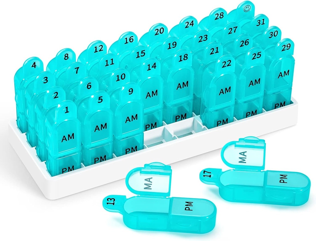 Zoksi Monthly Pill Organizer 2 gange om dagen, 30 dag Pill Box Organizer Am Pm, Daily Pill Case med 32 store afdelinger for hver dag, Portable Travel Pill Container til vitaminer og medicin (Cyan)