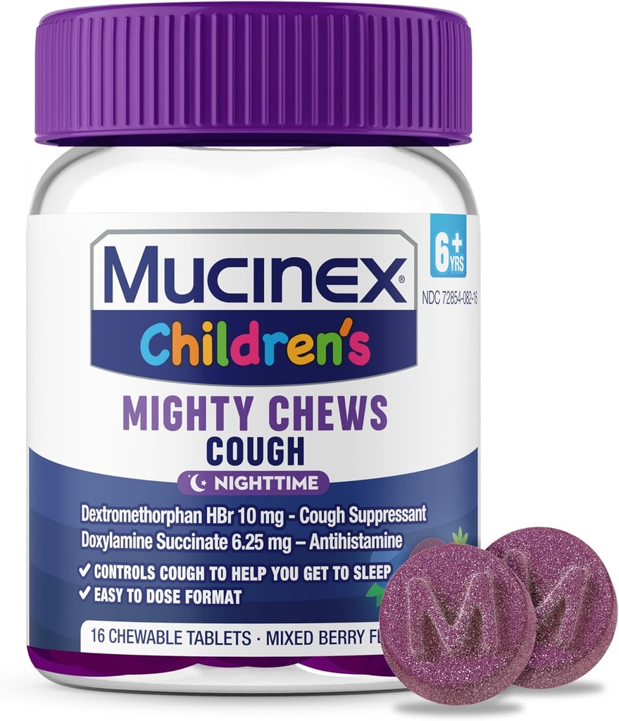 Mucinex Børnenes Mægtige Tygge Nature Kids Hoste Medicin, Let at dosere Hoste Støttende med Dextromethorphan, Kids Travel Medicine for Hough, Blandet Berry Flavor, 16 Medicated Chewable Tablets
