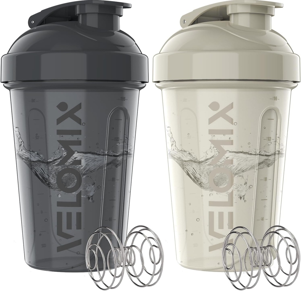 VELOMIX -2 Pack- 20 oz Protein Shaker Flasker til Protein Mixes - 2x Wire Whisk - 124; Læbe Bevis Shaker Cups til Protein Shakes og Pre Workout Medic124; Protein Shaker Flaske Pack (grå / hvid)