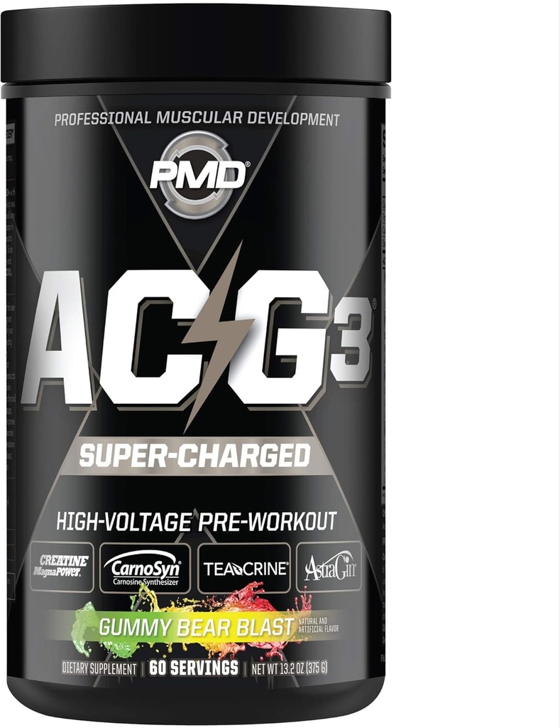 PMD Sports ACG3 Supercharged - Pre Workout - Kraftfuld Styrke, Høj Energi, Maksimere Mental Fokus, Endurance og Optimum Workout Performance for mænd og kvinder - Gummy Bear Blast (60 Servering)